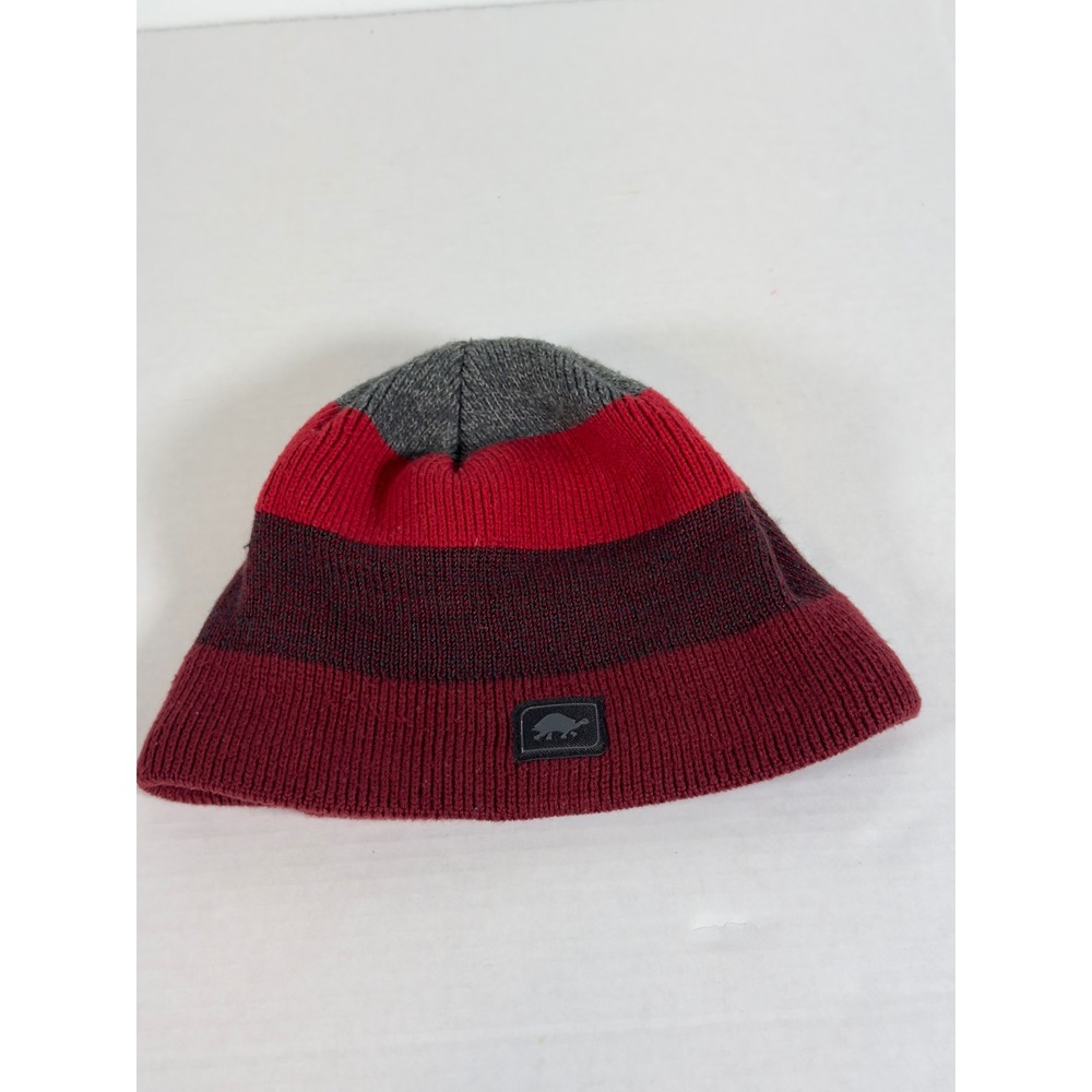 Turtle Fur‎ Beanie Hat Red Gray Stripes Youth Knit Wool Blend Winter Warm